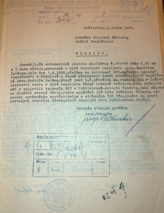 Zpětné pátrání po tom, kdo zabavil Lupuljevovi po únoru 1948 jeho legálně drženou zbraň a střelivo, zdroj: Archiv bezpečnostních složek