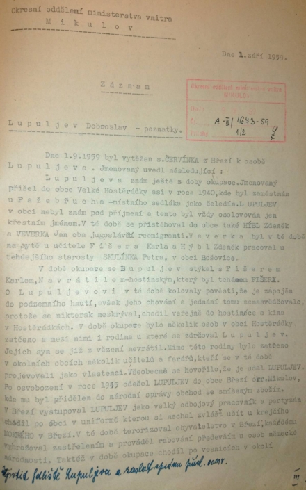 Poznatky ohledně Dobroslav Lupuljeva získané dne 1. září 1959 od osoby soudruha Červínka, zdroj: Archiv bezpečnostních složek