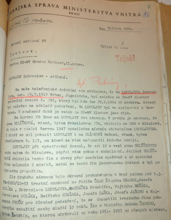 Krajská správa ministerstva vnitra v Brně dává informace a seznam trestů ohledně Dobroslava Lupuljeva, strana 1, zdroj: Archiv bezpečnostních složek