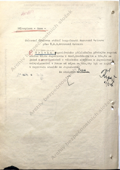 Československo prostřednictvím ministerstva vnitra žádá o repatriaci osoby Trifko Vrtikapa do Jugoslávie, rok 1946, zdroj: Archiv bezpečnostních složek