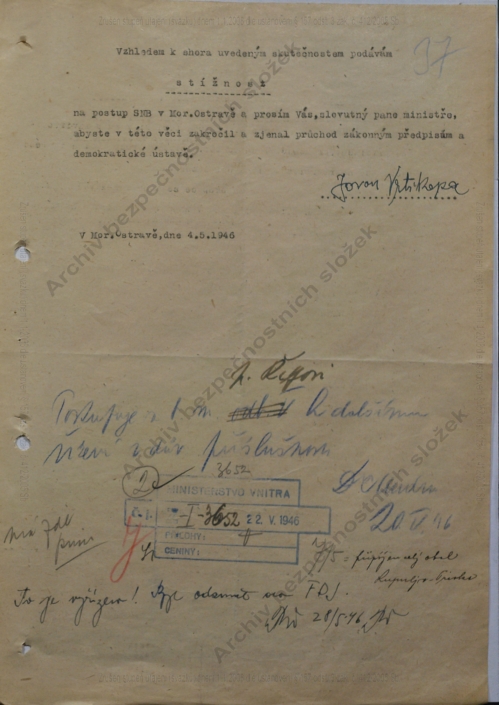 Jovan Vrtikapa, bratr zatčeného Trifka Vrtikapy, podává stížnost na ministerstvo vnitra, květen 1946, zdroj: Archiv bezpečnostních složek