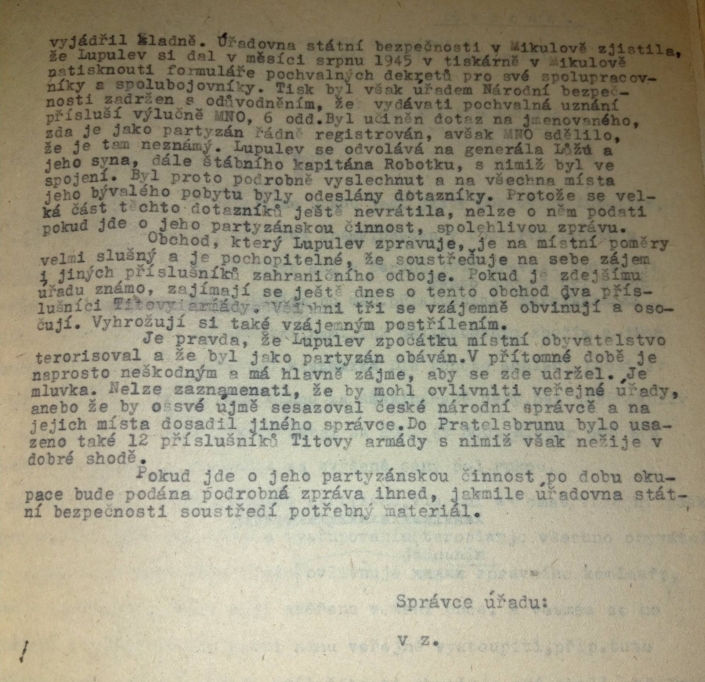 Informace o osobě Dobroslav Lupuljev k lednu 1946, obyvatele Prátlsbrunu měl terorizovat, ale následně již nemá být nebezpečný, chce si udržet obchod, o který je v Prátlsbrunu velký zájem a navzájem si vyhrožují postřílením, strana 2, zdroj: Archiv bezpečnostních složek