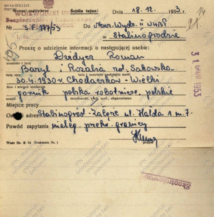 Dotazníkový lístek ohledně Romana Dzidycze při nástupu do vězení v roce 1953, zdroj: IPN – Instytut Pamięci Narodowej