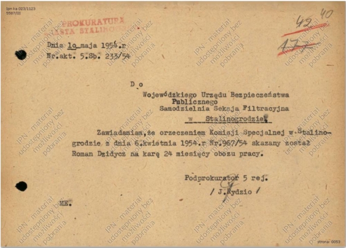 Roman Dzidycz je v roce 1954 odsouzen na 24 měsíců vězení. Zdroj: IPN – Instytut Pamięci Narodowej