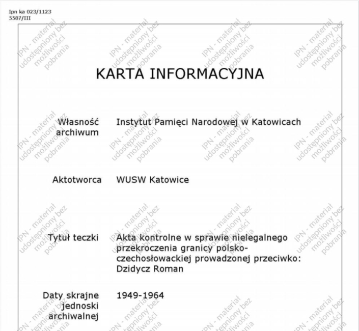 Informační karta spisu Romana Dzidycze, zdroj: IPN – Instytut Pamięci Narodowej