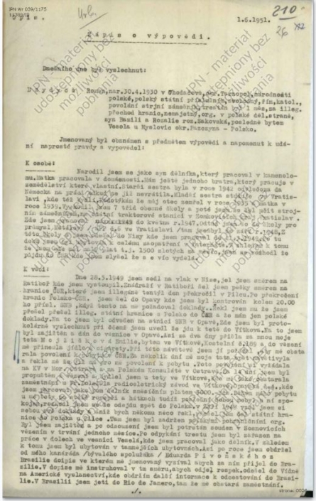 Zápis o výpovědi Romana Dzidycze v Praze z roku 1951 ohledně jeho nezákonného překročení státních hranic, strana 1, zdroj: IPN – Instytut Pamięci Narodowej
