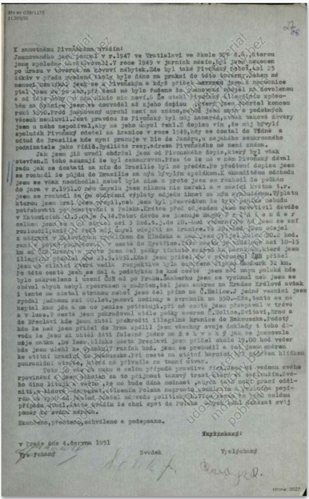 Zápis o výpovědi Romana Dzidycze v Praze z roku 1951 ohledně jeho nezákonného překročení státních hranic, strana 2, zdroj: IPN – Instytut Pamięci Narodowej